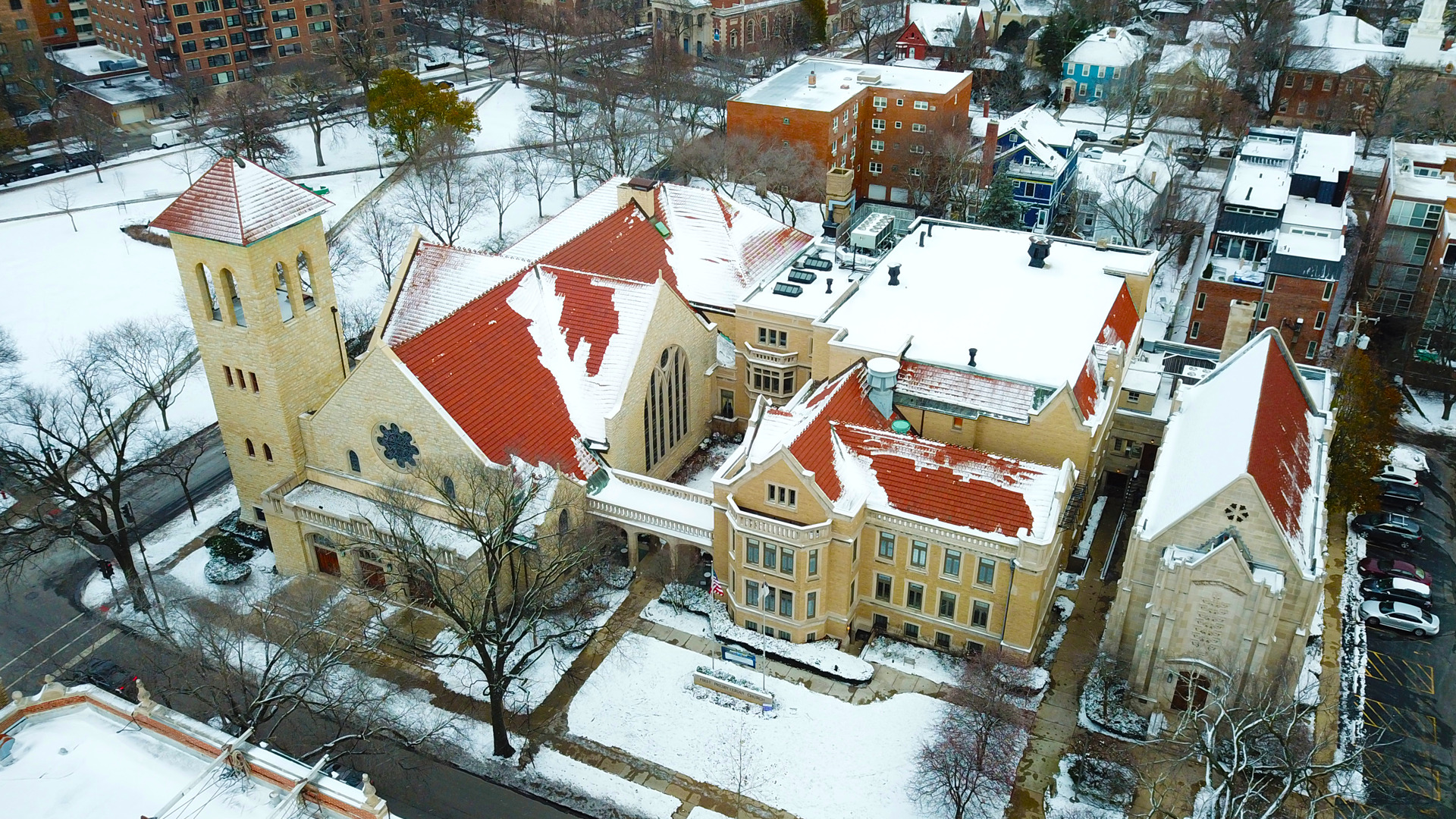Arial view of First Pres Church.
